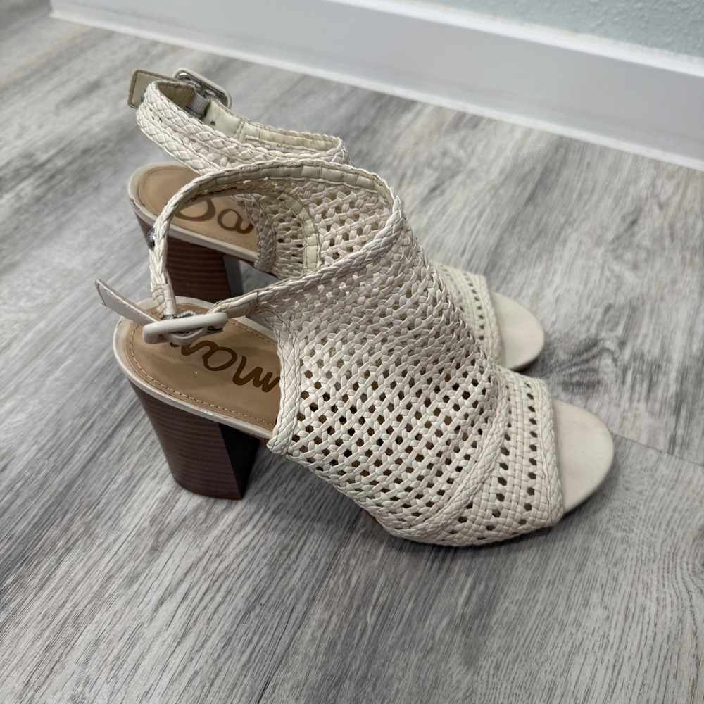 Sam Edelman Evie Woven Leather Block Heel Sandals Cream Off White Womens 6M